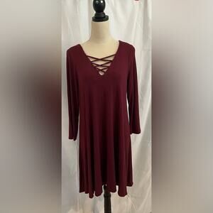 Justify Burgundy Wine Long Sleeve Flowy A-Line Dress Cross Cross X Neckline XL